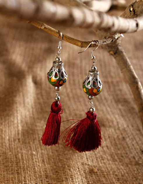 Blue Pottery Bead With Tassels Earring (Brown)